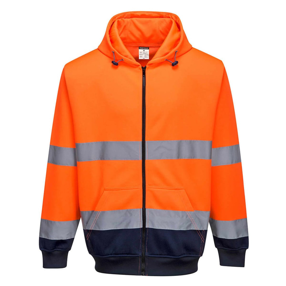 A high-visibility orange and navy zip-front hoodie featuring reflective stripes and a hood, with a logo on it.