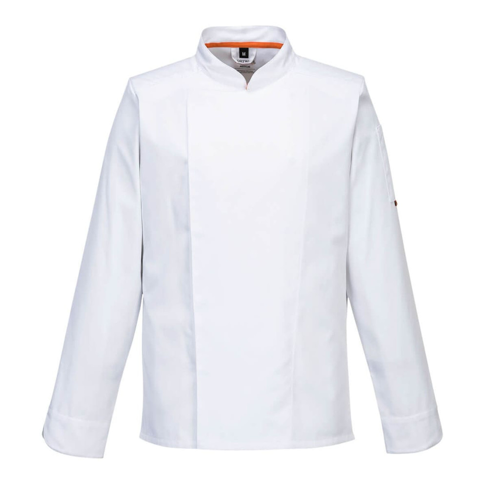 A white chef jacket with long sleeves and a stand-up collar, featuring a logo on one sleeve.