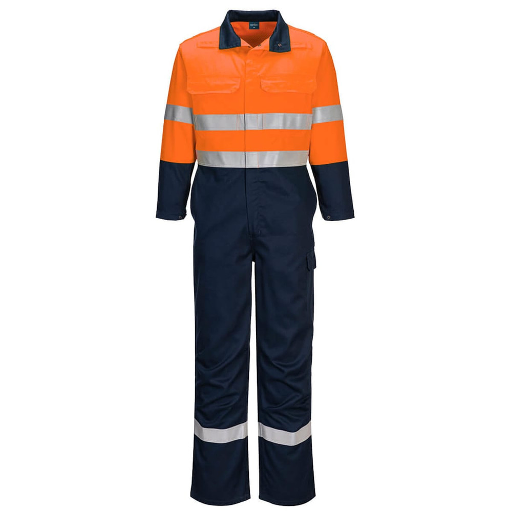 A safety coverall in orange and navy, featuring reflective stripes and a logo.