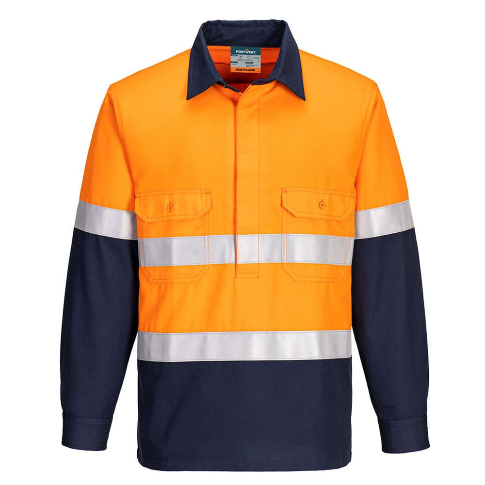 A two-tone long-sleeve work shirt featuring bright orange and navy blue colours with reflective stripes and a logo.