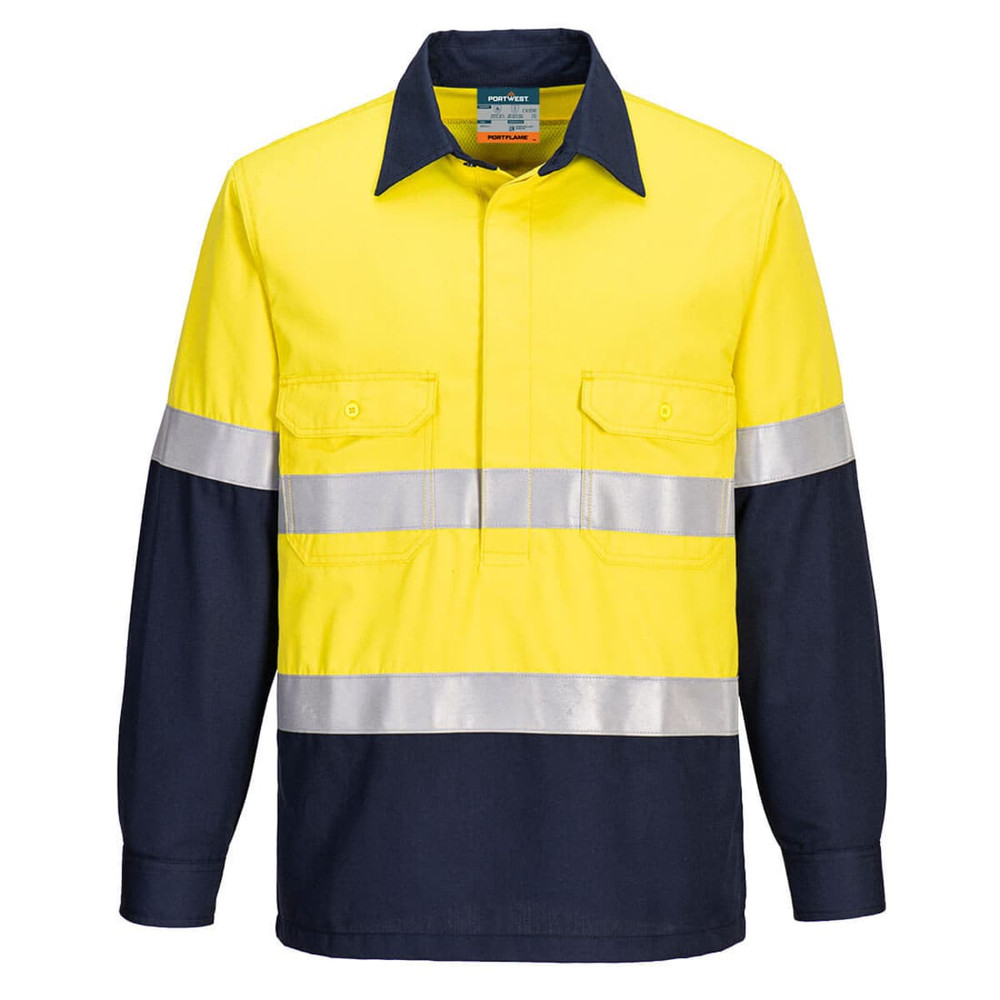 A two-tone work shirt featuring a yellow upper section and navy blue lower section with reflective stripes.