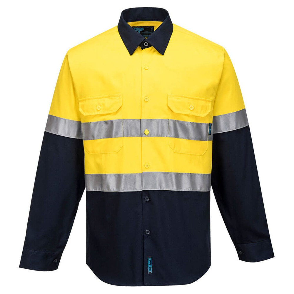 A high-visibility long-sleeve work shirt in yellow and navy, featuring reflective stripes and a logo.