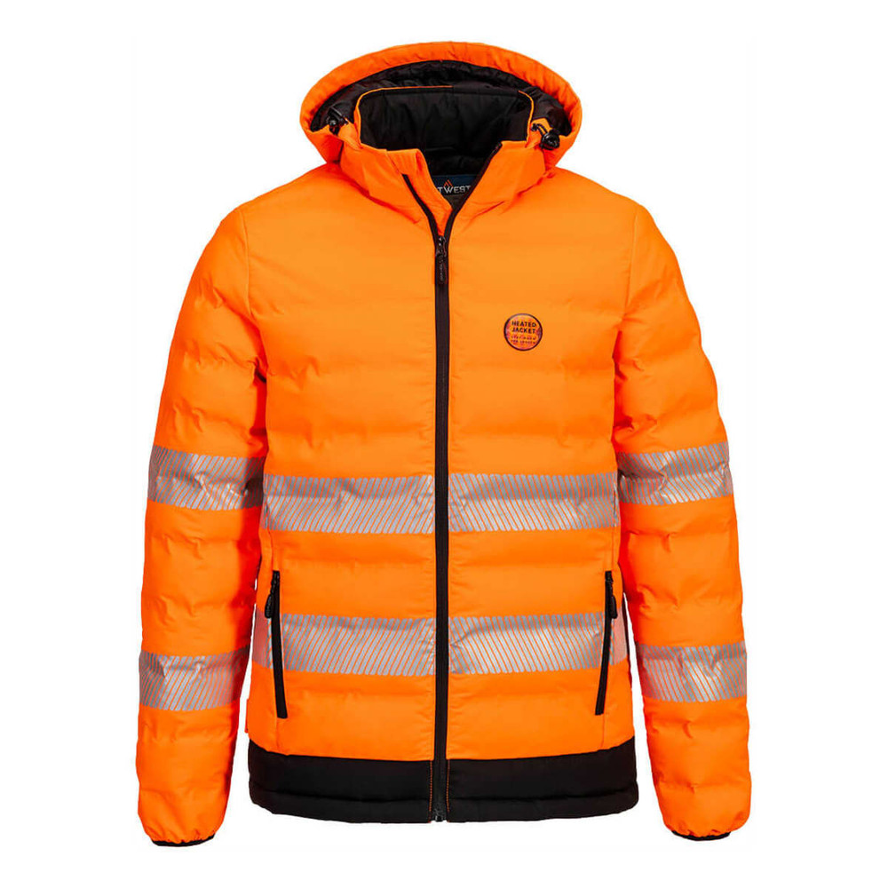 A bright orange heated tunnel jacket with reflective strips and a hood, featuring a logo on the chest.
