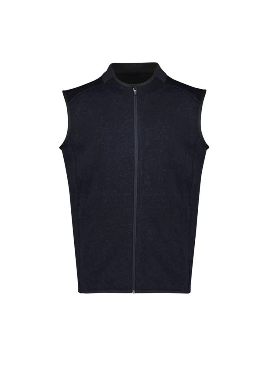 A sleeveless black vest with a zip front and a high collar. It features a subtle texture and has a logo.