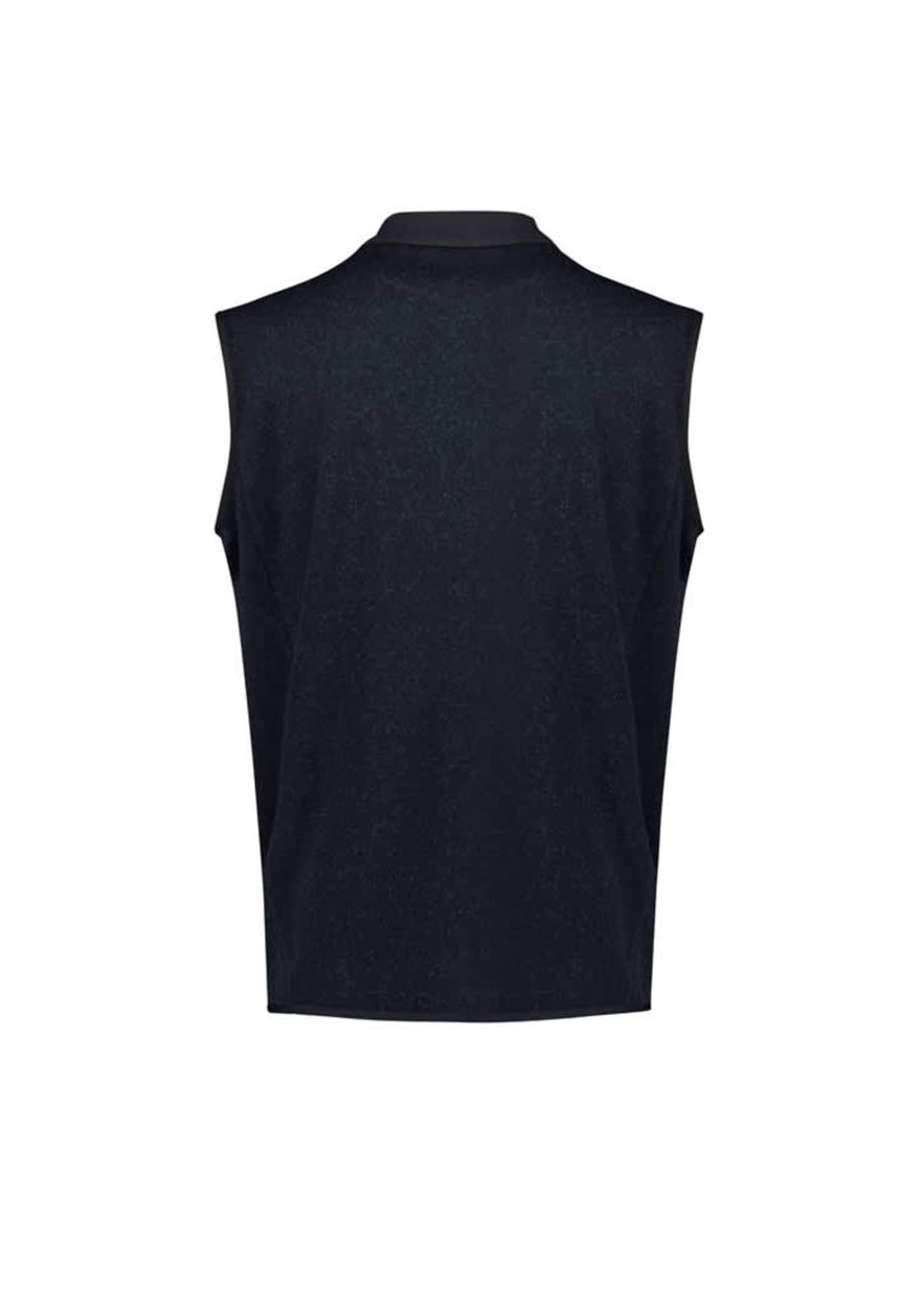 A black zip-front vest with a sleeveless design and a high collar. Features a logo on the back.