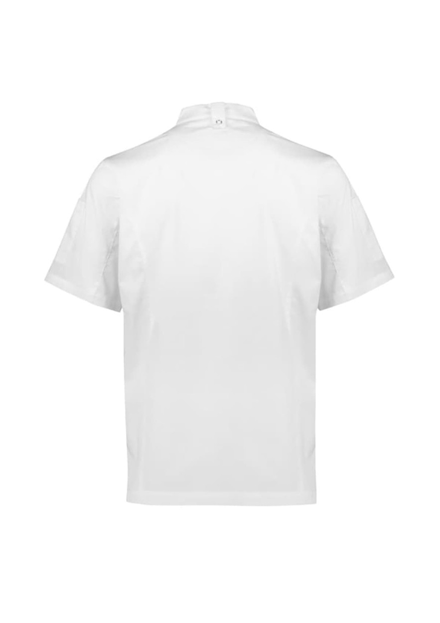 A white short sleeve chef jacket featuring a simple design and a back button closure, with a logo present.