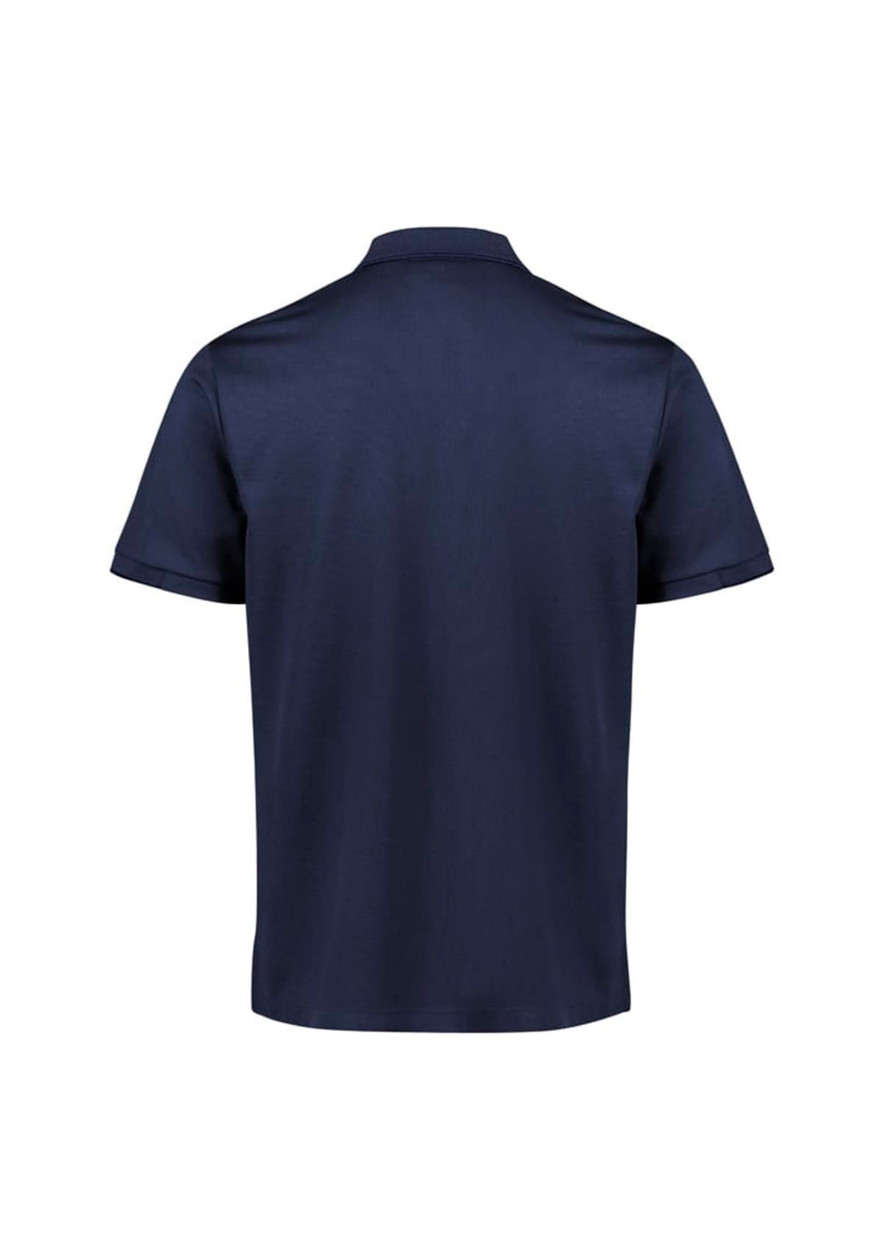 A navy blue men's short sleeve polo shirt with a smooth fabric finish and a branded logo.