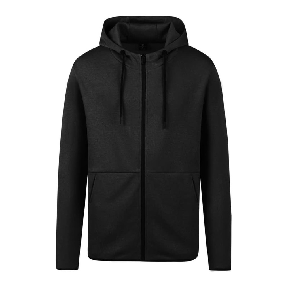 A black zipped hoodie with a hood, featuring front pockets and a logo.