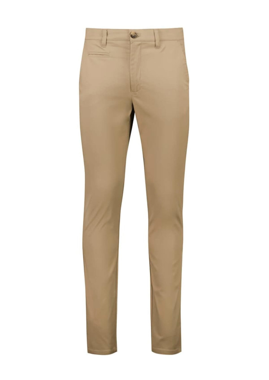 A pair of tan tapered stretch chino pants with a front pocket and a button closure.