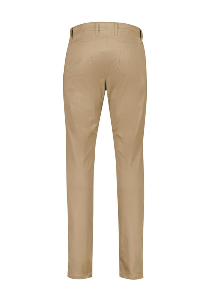 A pair of beige tapered stretch chino pants with back pockets and a logo.