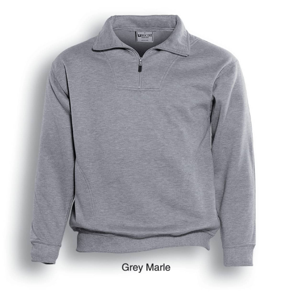 A grey marle unisex 1/2 zip fleece jumper with a pocket and a logo on the front.