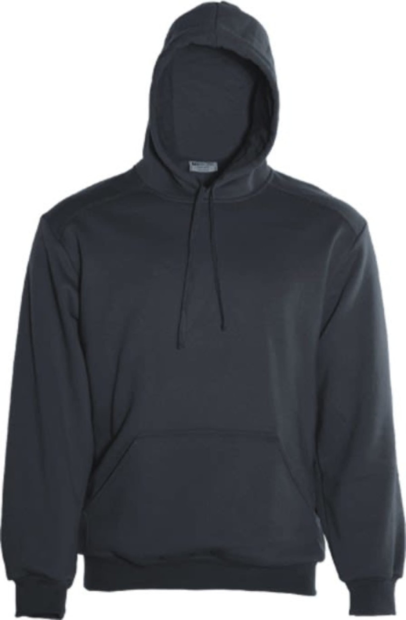 A dark grey unisex pullover hoodie with a kangaroo pocket and a drawstring hood. It features a logo.