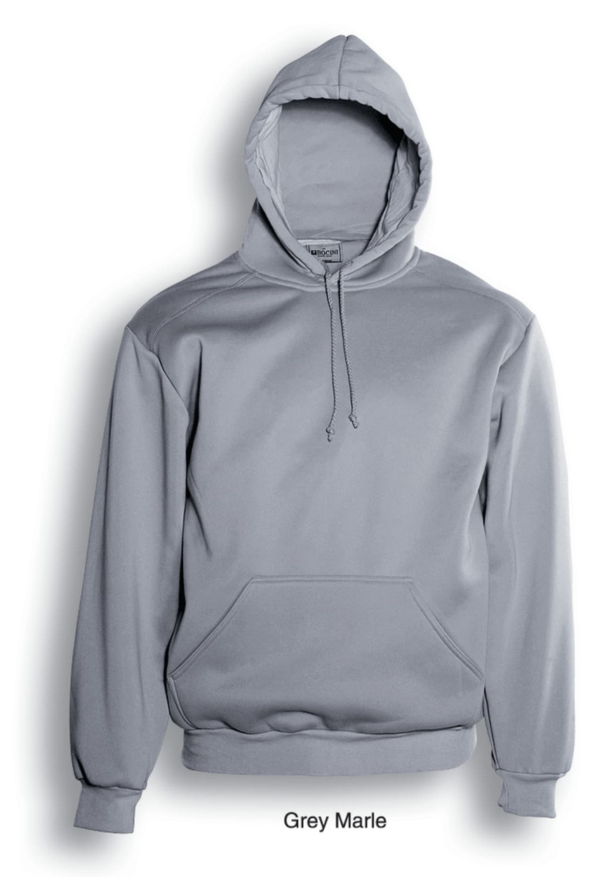 A grey marle unisex adults pull over hoodie featuring a front pouch pocket and drawstring hood.