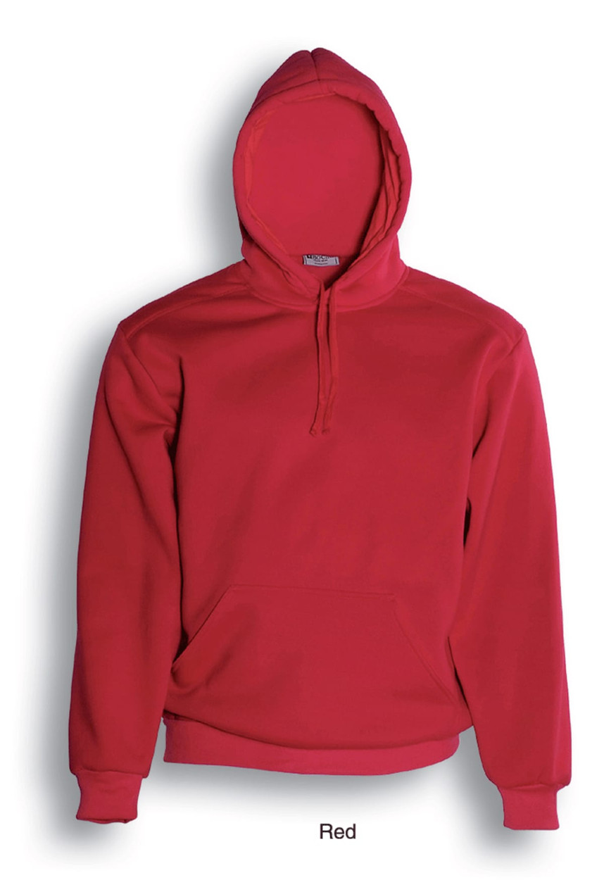 A red unisex adult pullover hoodie featuring a front pocket and a hood, with a logo on the label.