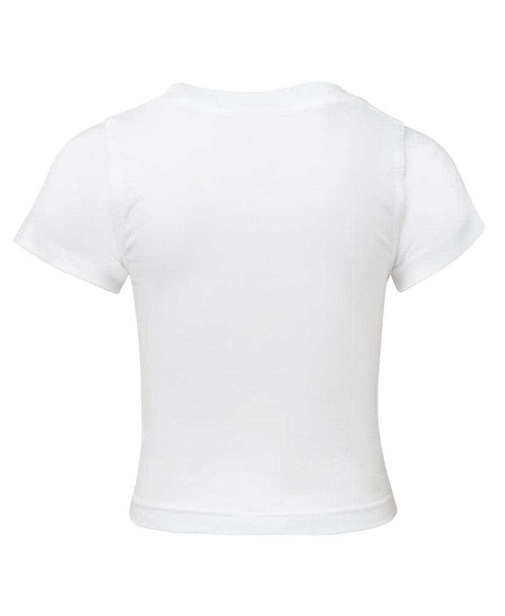 A plain white infant tee with short sleeves, featuring a simple design and a branding logo on the back.