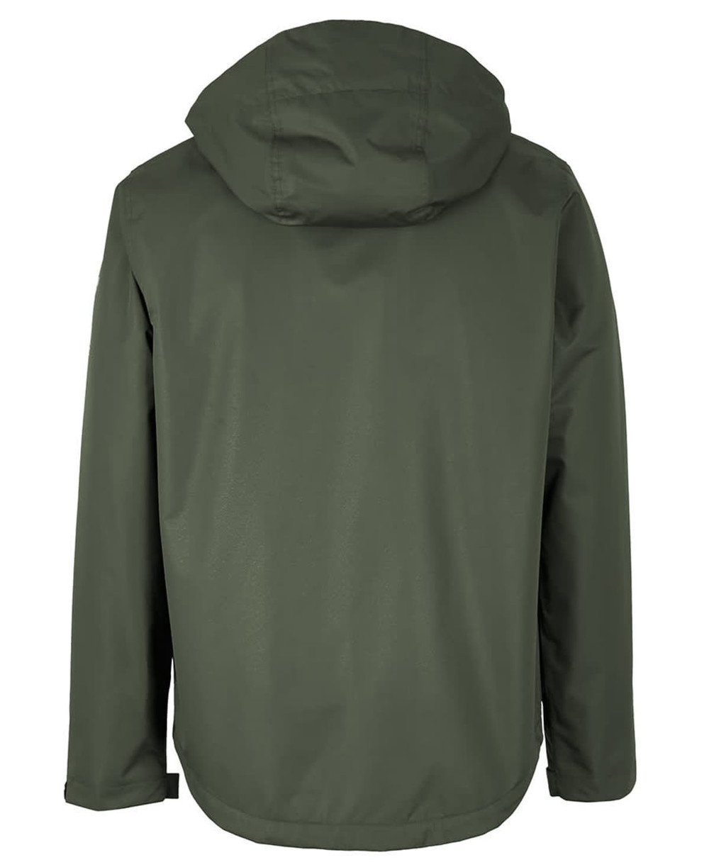 A rain jacket in an olive green colour with a hood and a branded logo on the back.