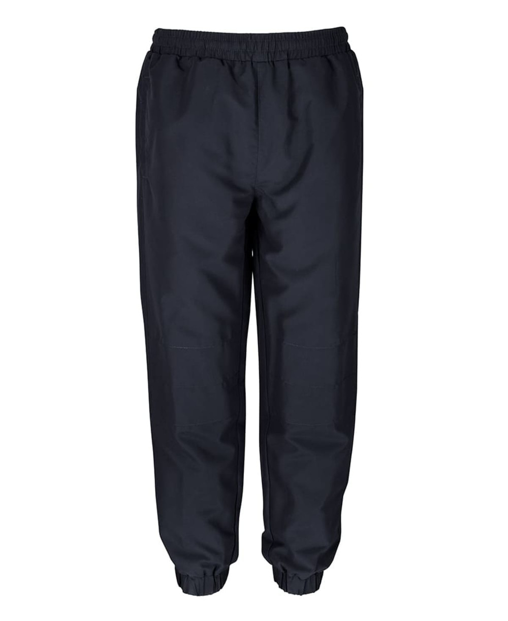 Track pants in solid black with an elastic waistband and cuffs, featuring a logo on one side.