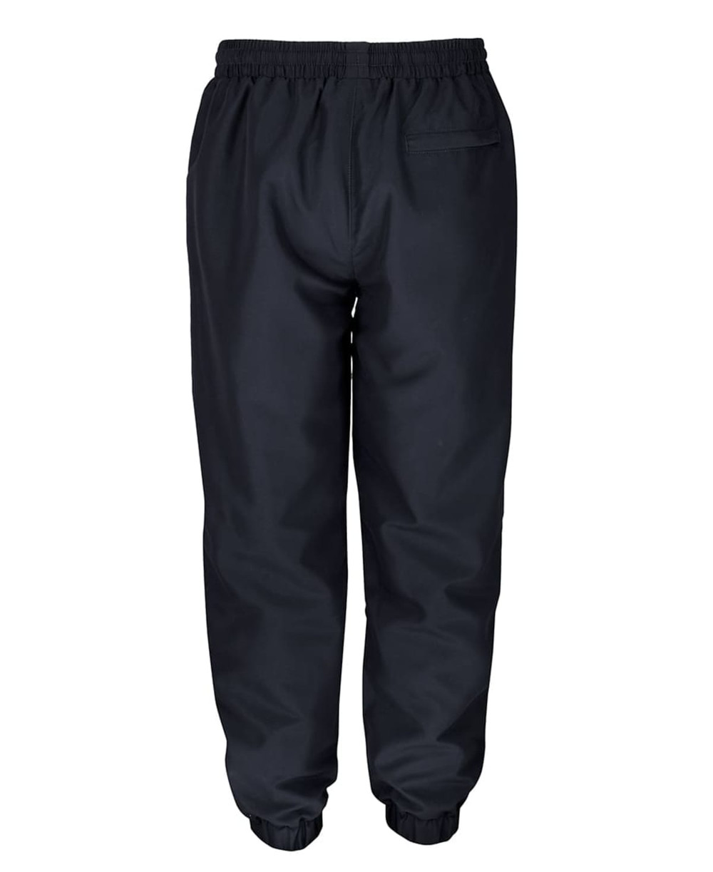 Track pants in black with an elastic waistband and slim cuffs at the ankles, featuring a rear pocket.