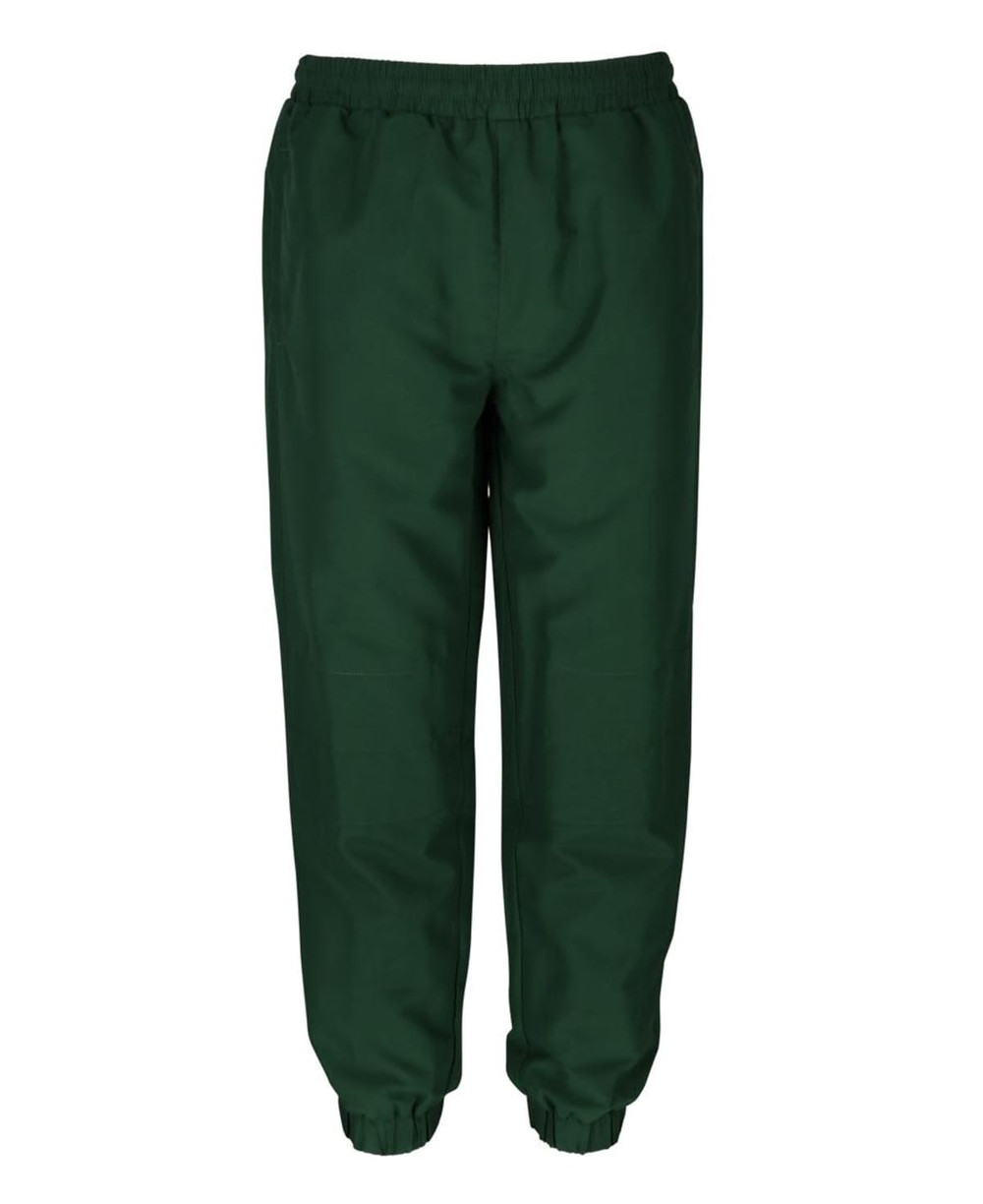 Track pants in a dark green shade with an elastic waistband and cuffs at the ankles. Features a subtle logo.