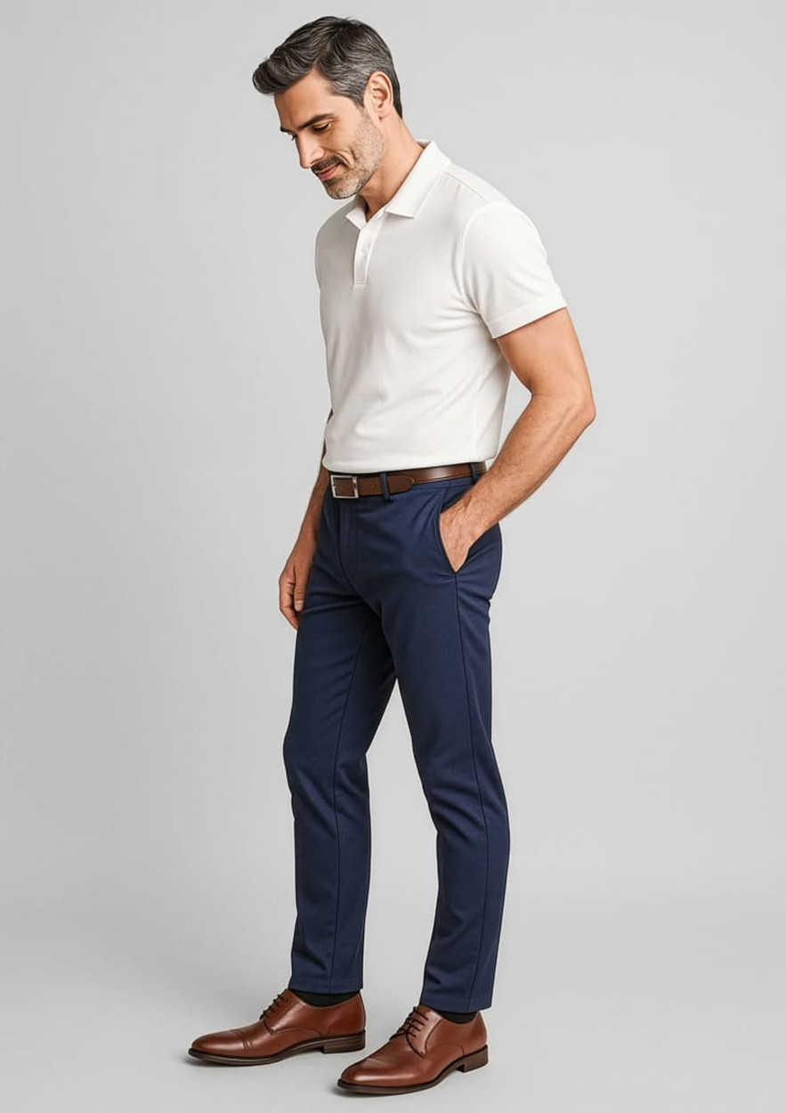 A man in a beige polo shirt and navy chinos stands, wearing brown dress shoes and a belt, with a subtle logo visible.