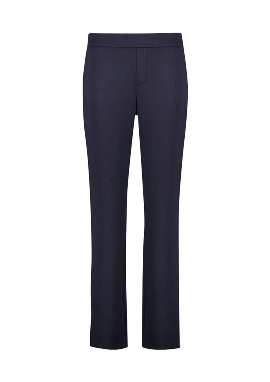Navy mid-rise pull-on pants made from scuba ponte fabric, featuring a sleek design and a subtle branding logo.