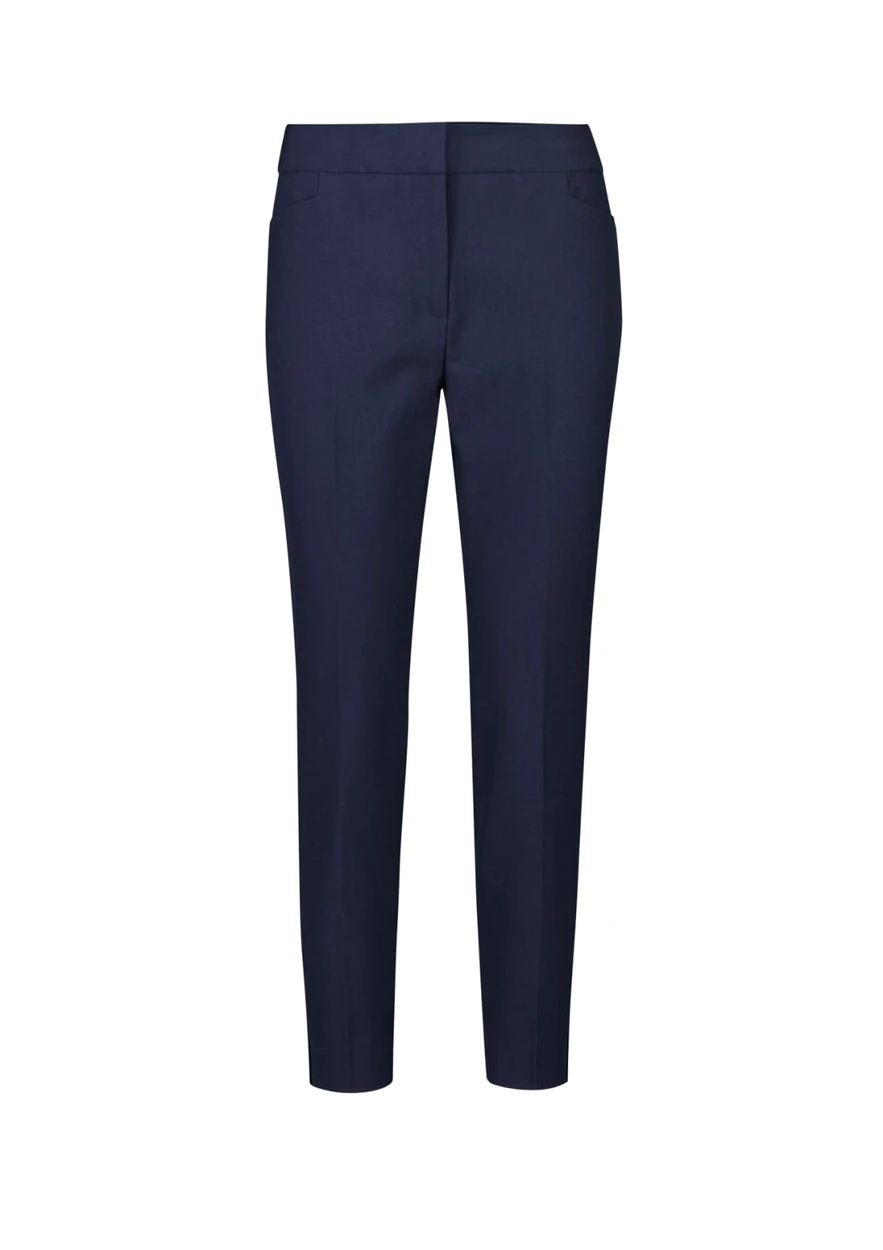Navy mid-waist slim leg pants with a tailored fit and front pockets, featuring a logo.