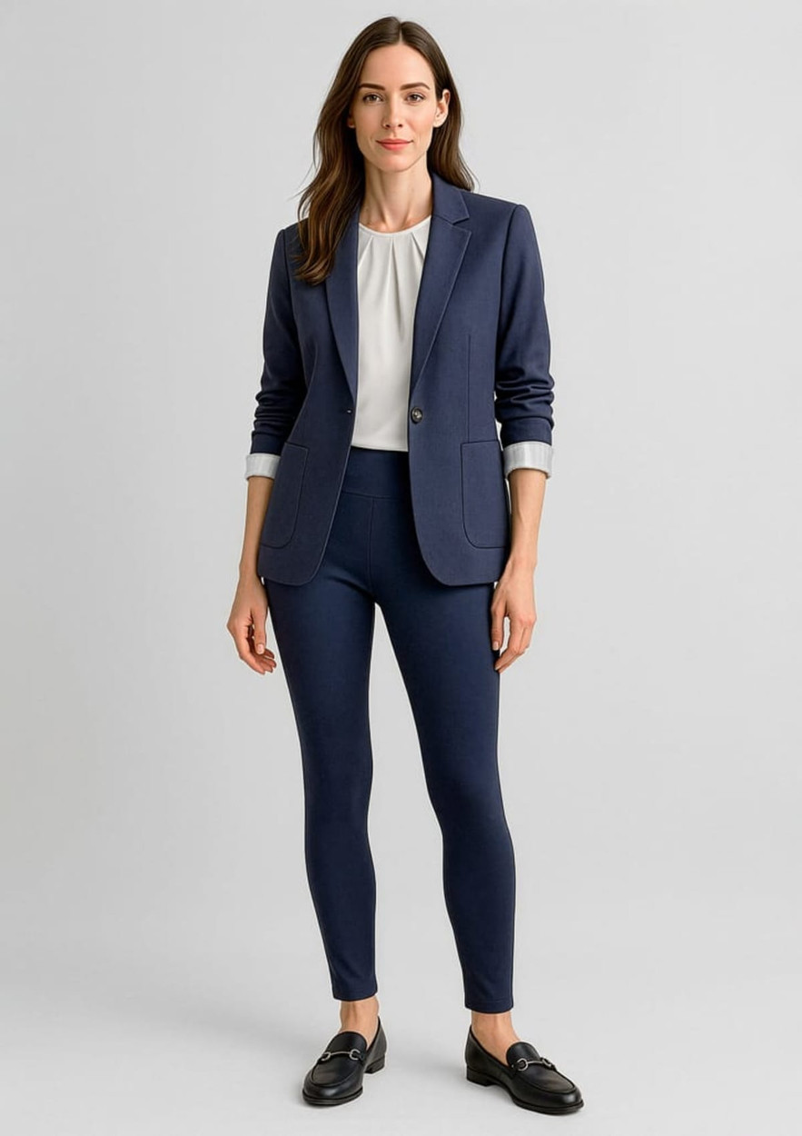A woman wearing a navy blazer and high-rise navy leggings, styled with a white blouse and loafers.