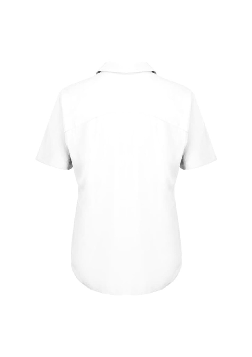 A short-sleeved white blouse with a collar and a curved hem. The back features a simple design and a logo.