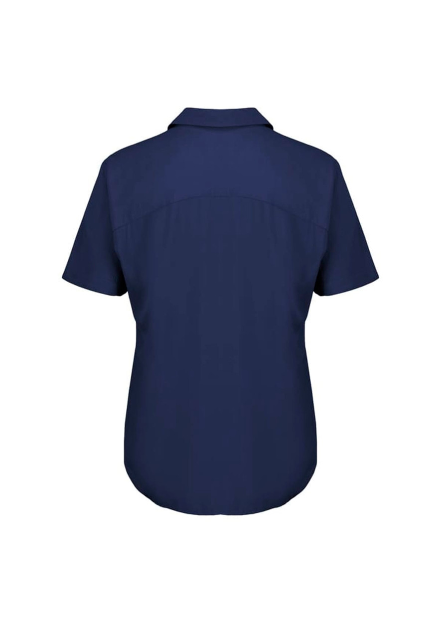 A navy short sleeve blouse with a collared neckline and a smooth back design. It features a logo on a label.
