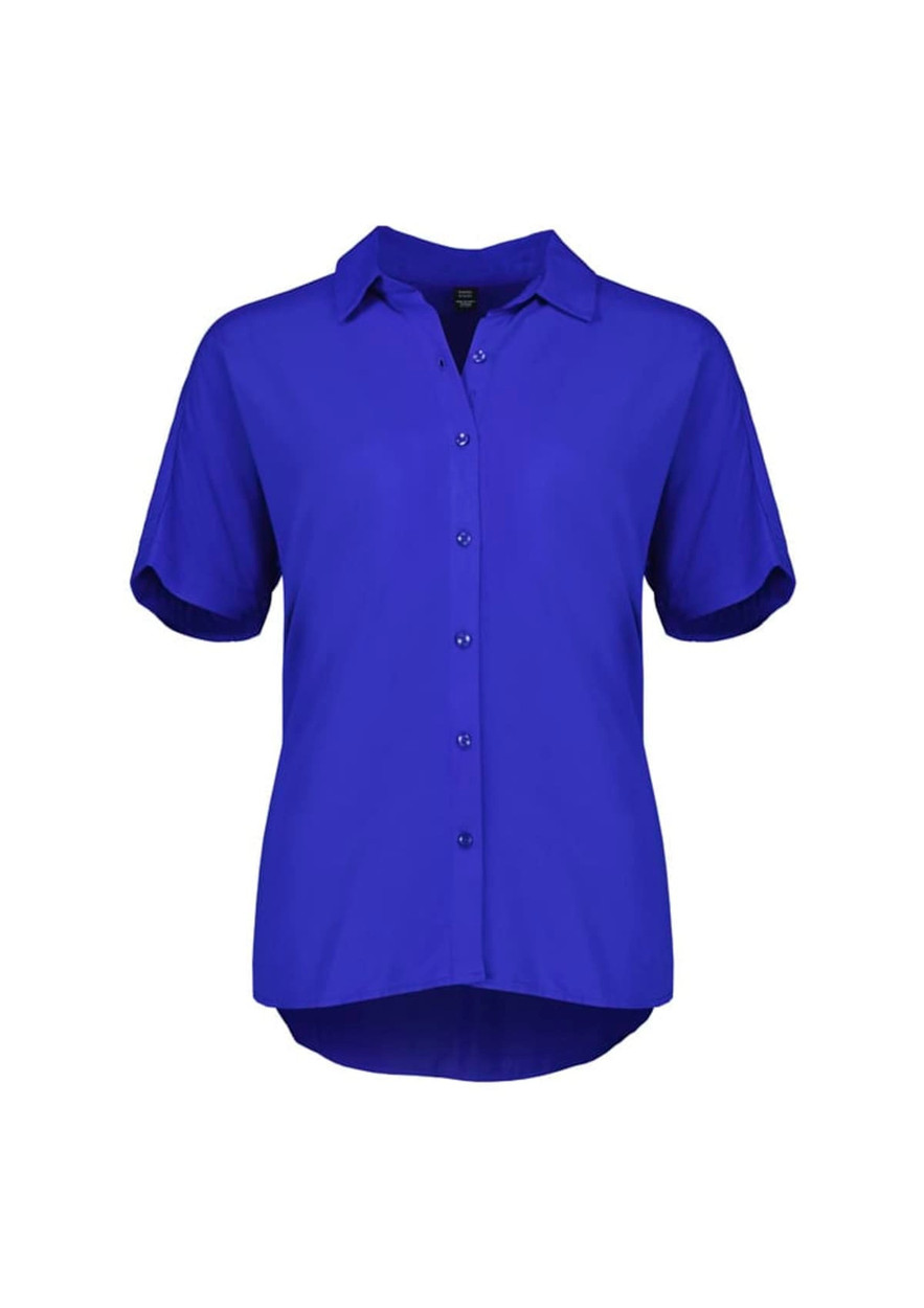 A women's short sleeve blouse in bright blue, featuring a button-up front and a collar. It has a logo.