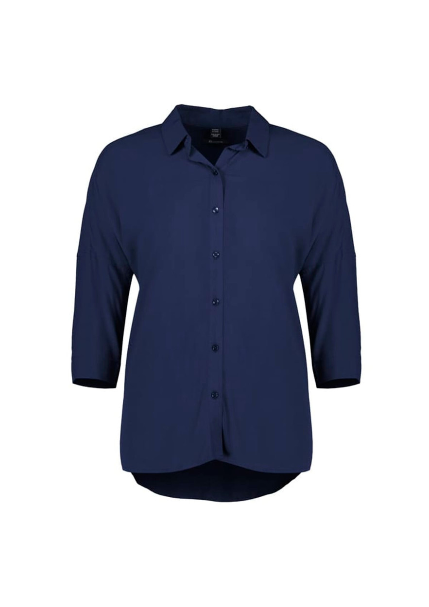 A navy women's blouse with 3/4 sleeves and a button-up front. Features a collar and a relaxed fit.