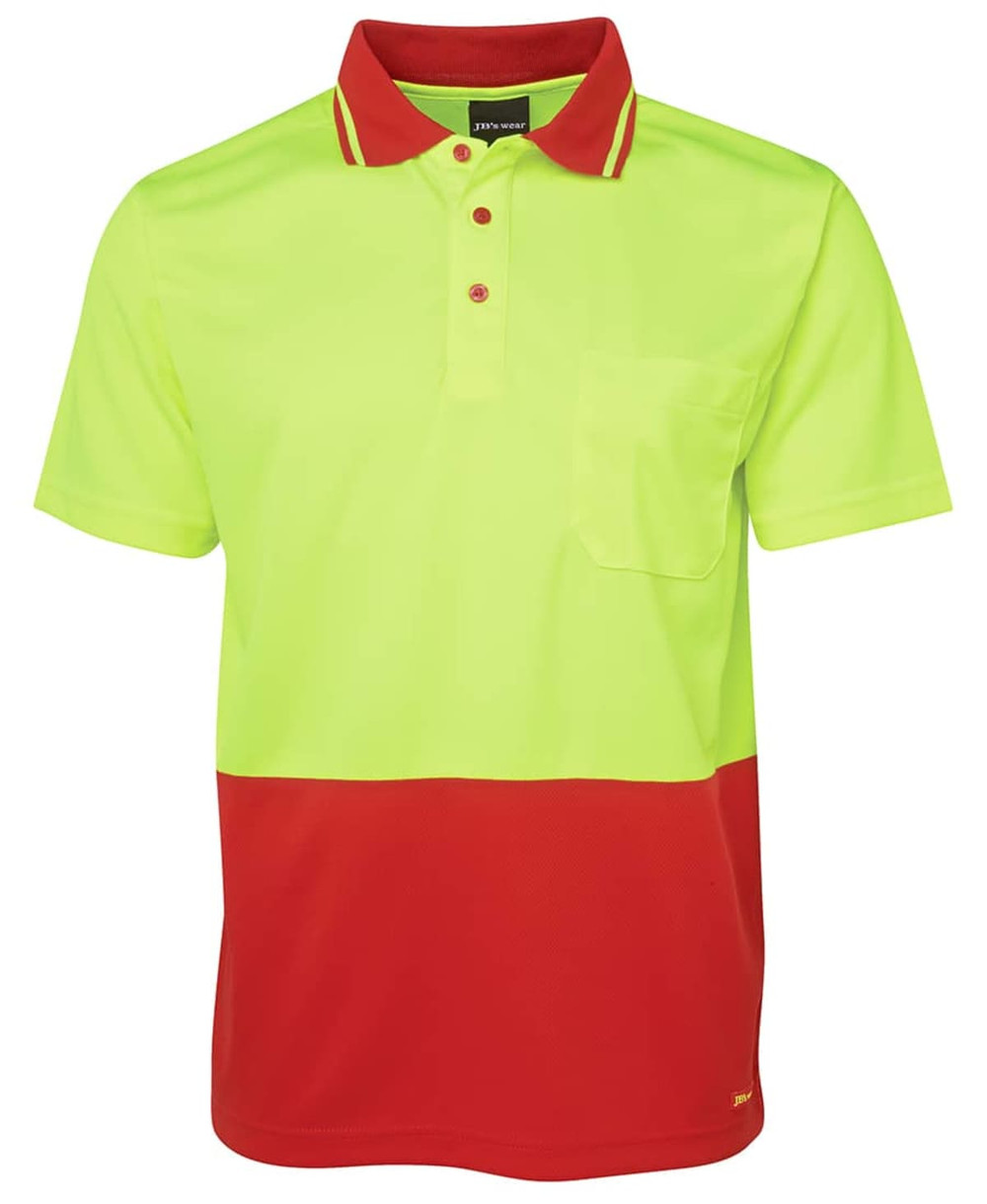 A high-visibility work polo shirt featuring a bright yellow top and red bottom, with a chest pocket and logo.