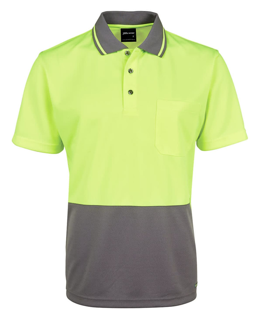 A bright yellow and grey work polo shirt with a collar and a pocket, featuring a logo.