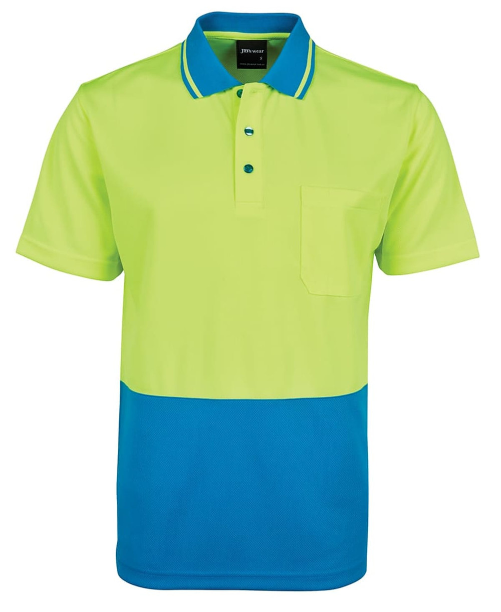 A high-visibility polo shirt featuring bright lime green and blue sections, with a collar and a pocket.