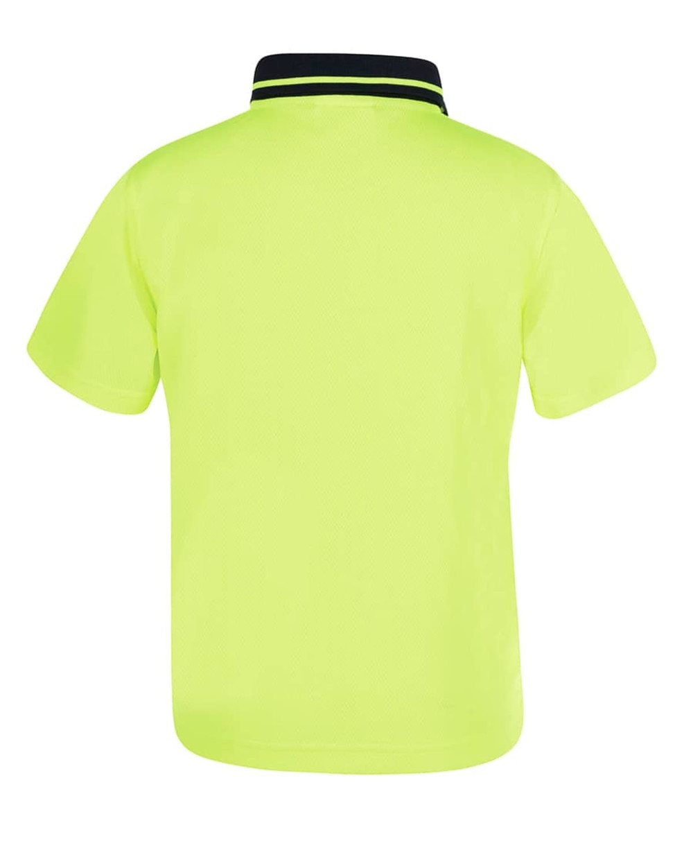 A yellow work polo shirt featuring a contrasting navy collar and a breathable mesh texture. Includes a logo.