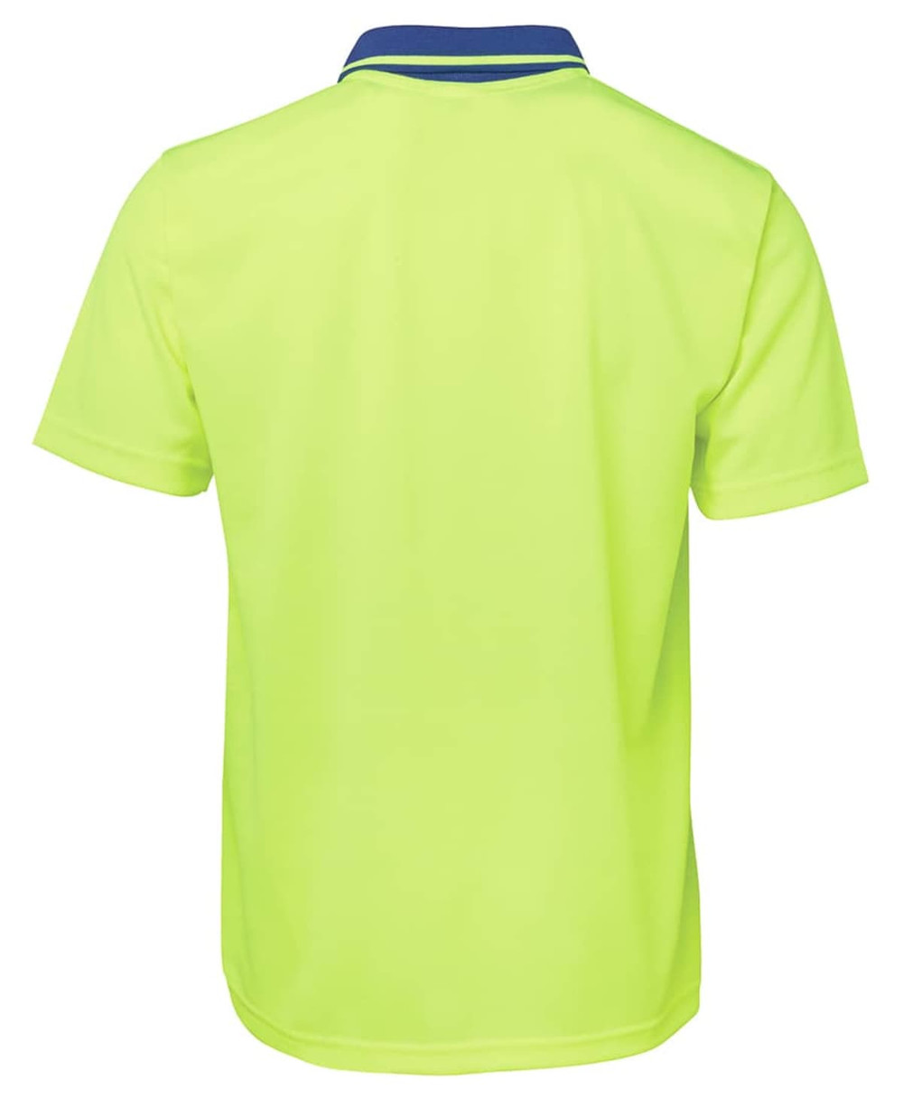 A bright yellow work polo shirt featuring a navy collar and a logo on the back.