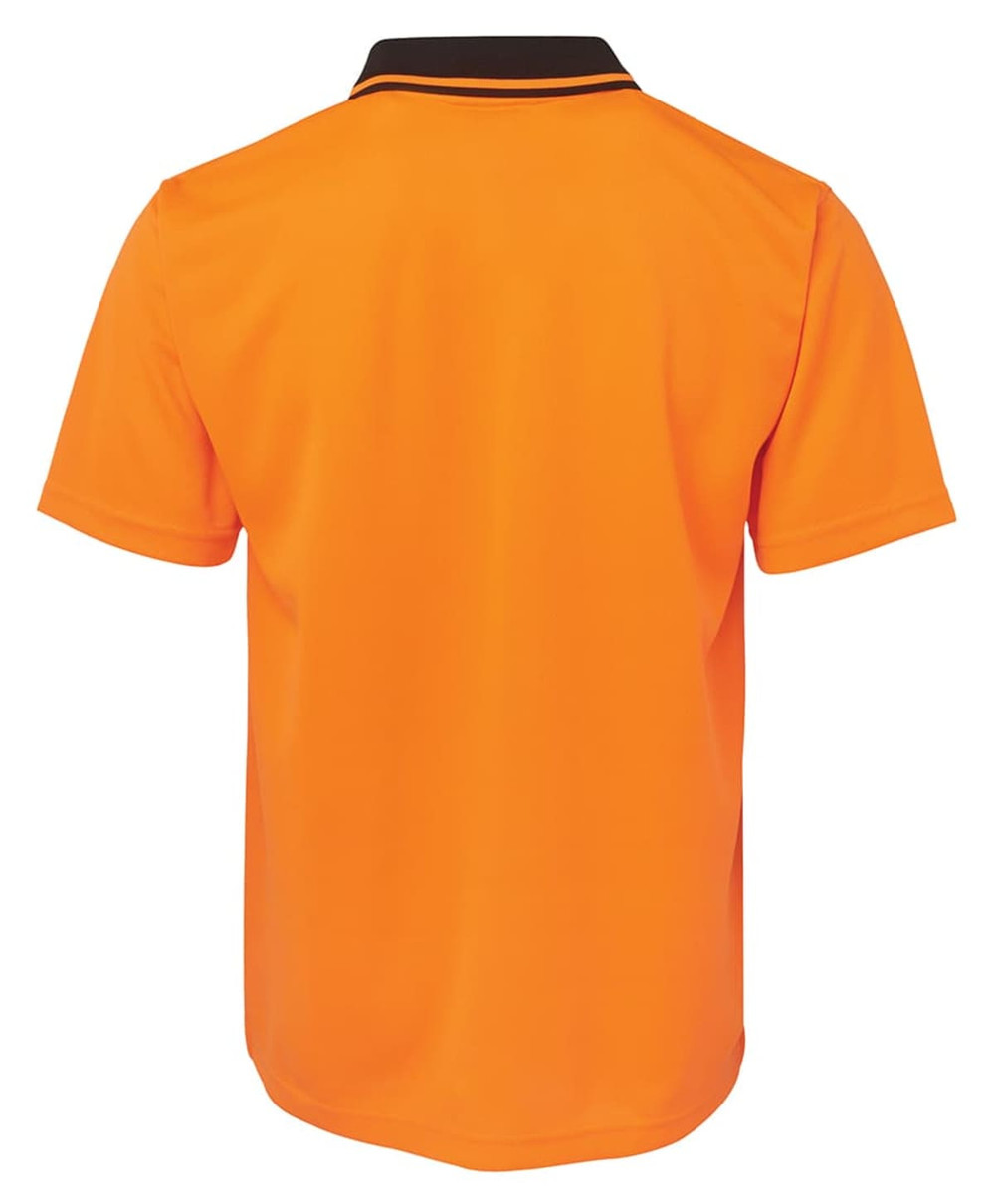 An orange work polo shirt with a black collar and a logo on the back.