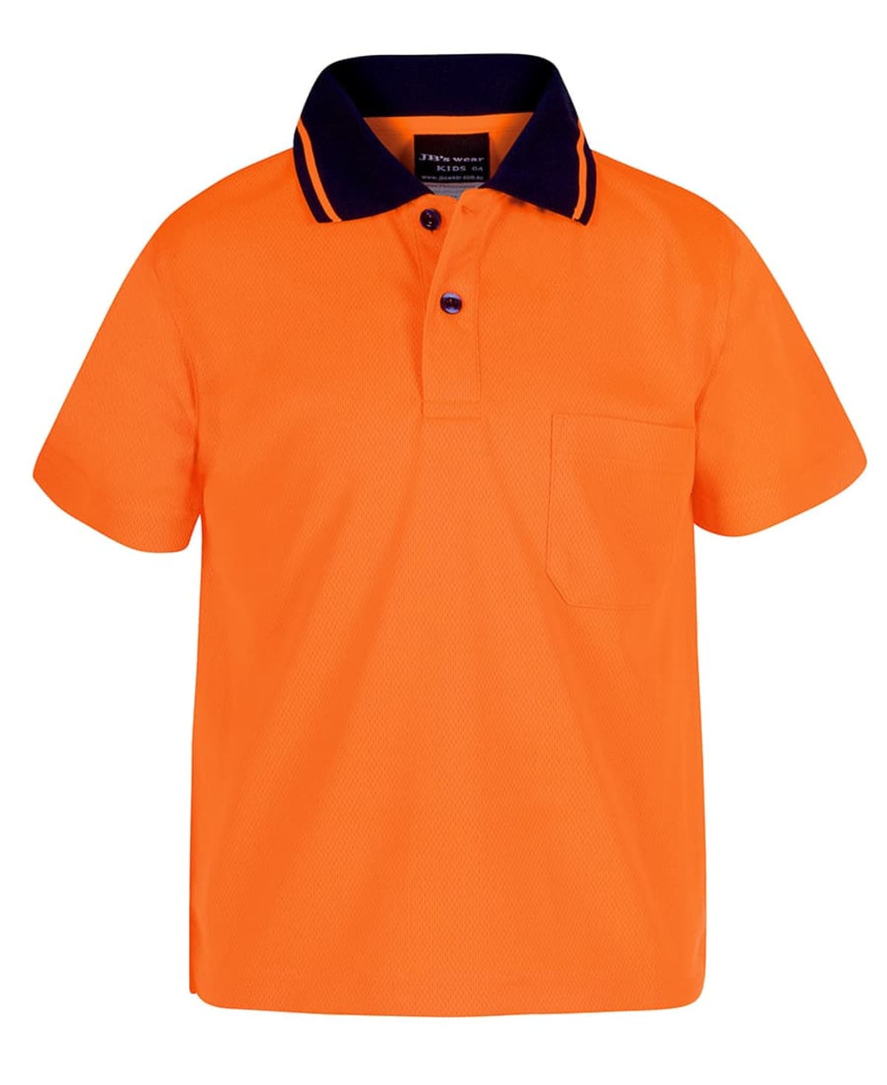 An orange work polo shirt with a dark blue collar and a front pocket, featuring a logo.