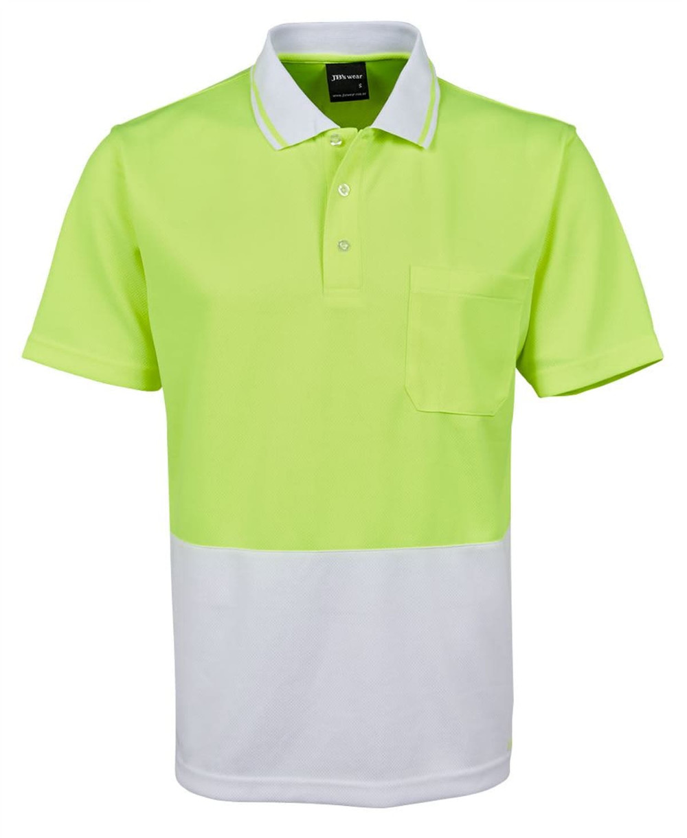 A bright yellow and white work polo shirt featuring a pocket and a logo.