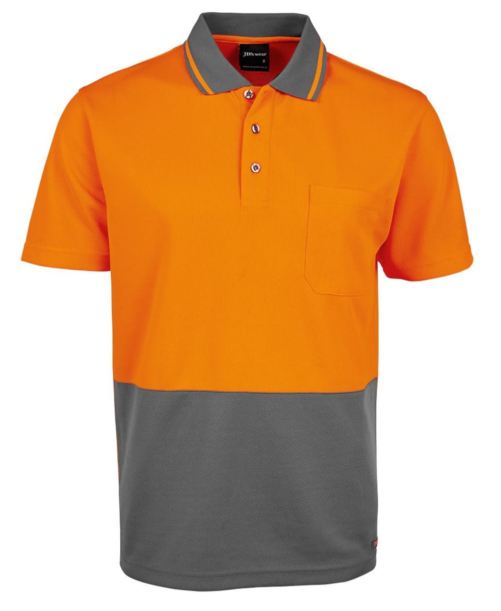 An orange and grey work polo shirt with a collar, short sleeves, and a front pocket. It features a logo.
