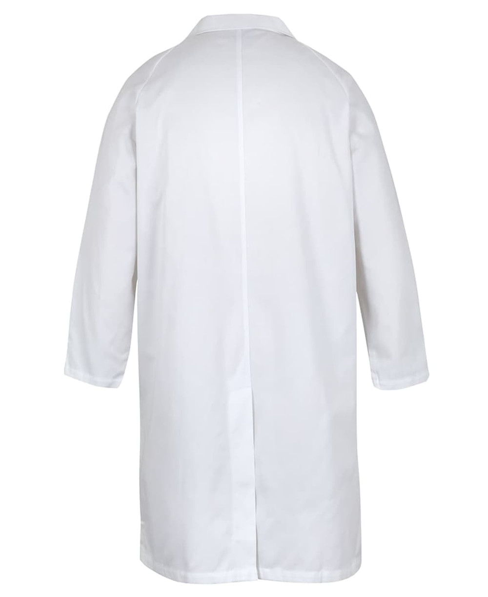 A white dust coat with long sleeves and a back vent, designed for use in food industry settings.