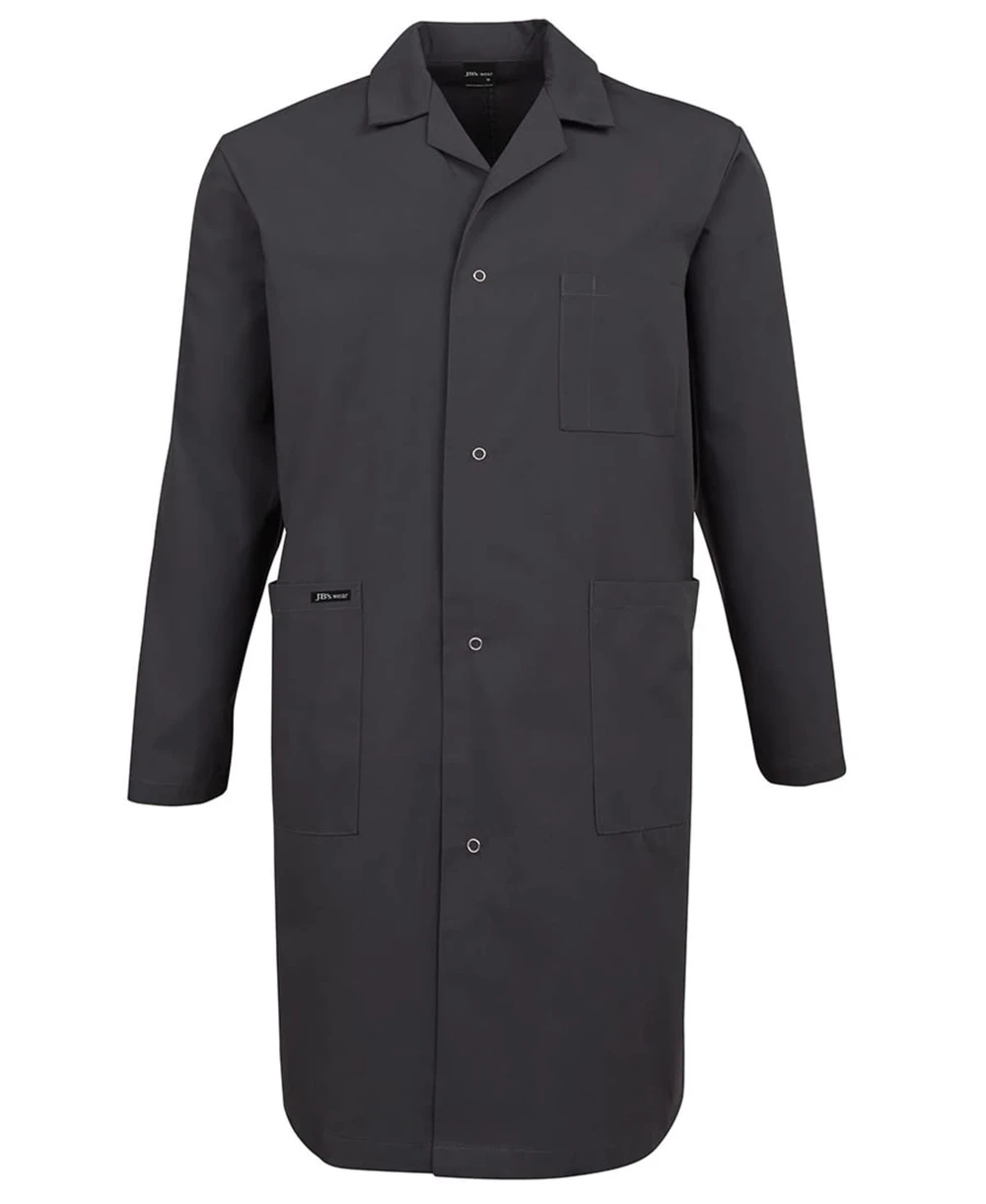 A dark grey lab coat featuring long sleeves, a front button closure, and pockets. It has a branding label.