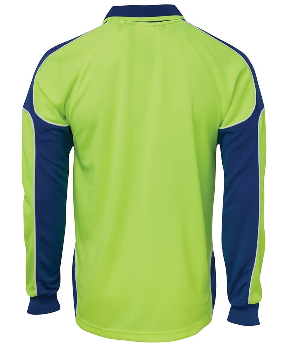 A long-sleeve polo shirt featuring a vibrant lime green and navy blue design with a logo on the front.