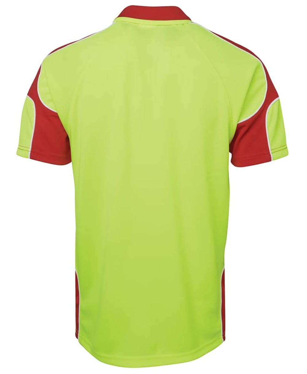 A bright lime green and red polo shirt featuring arm panel detailing and a logo.