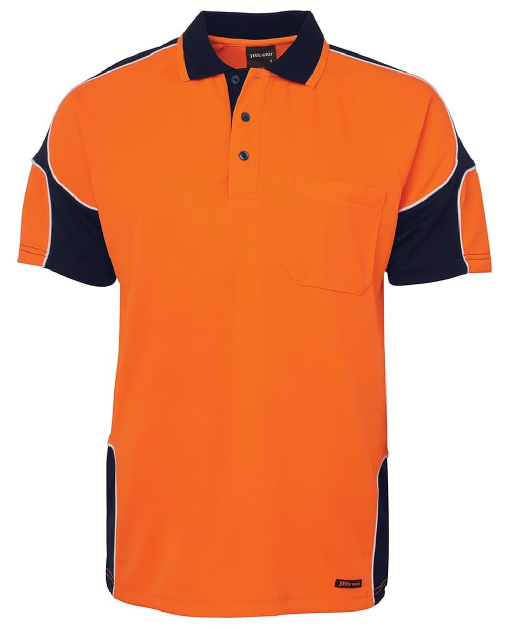 An orange and navy work polo shirt featuring a pocket, contrasting arm panels, and a collar. It has a logo.