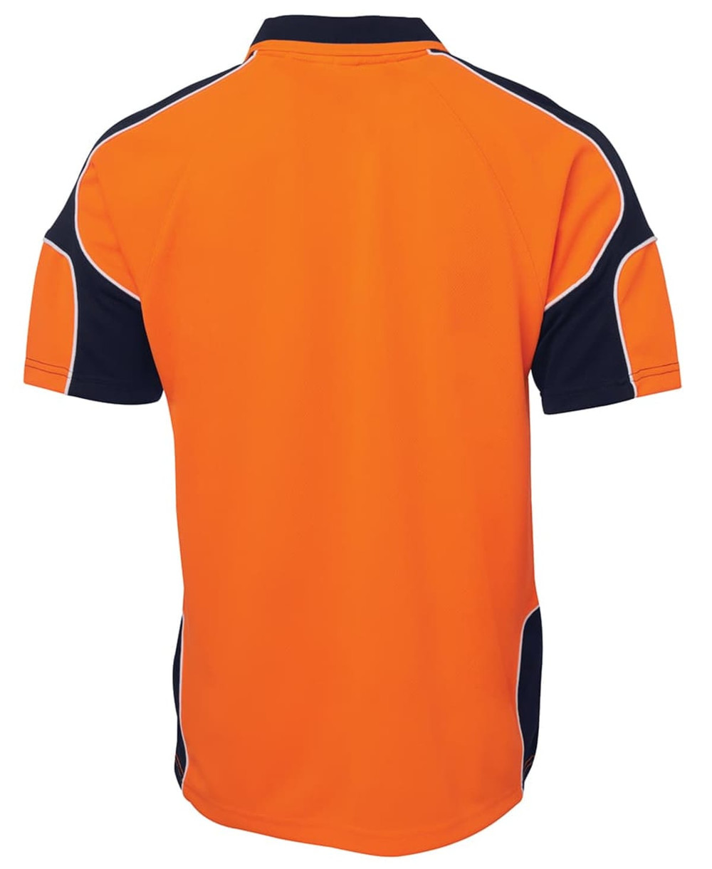 A work polo shirt featuring a bright orange body with navy blue panels and a logo on the back.