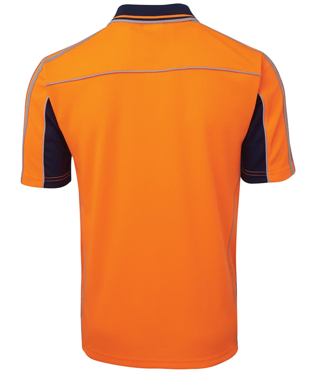 An orange and navy polo shirt featuring short sleeves and a logo, designed for workwear.