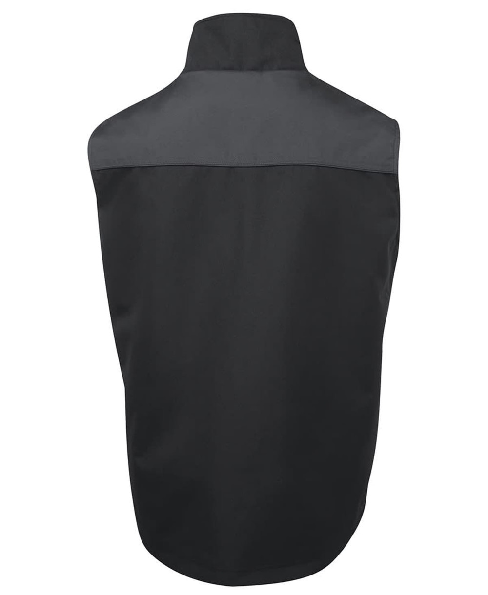 A black vest featuring a contrasting dark grey section at the top and a logo on the back.
