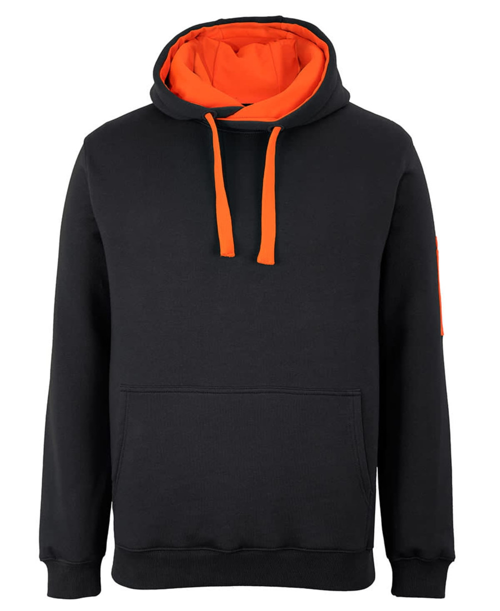 A black hoodie with an orange inner lining and drawstrings, featuring a front pocket and a logo on the sleeve.