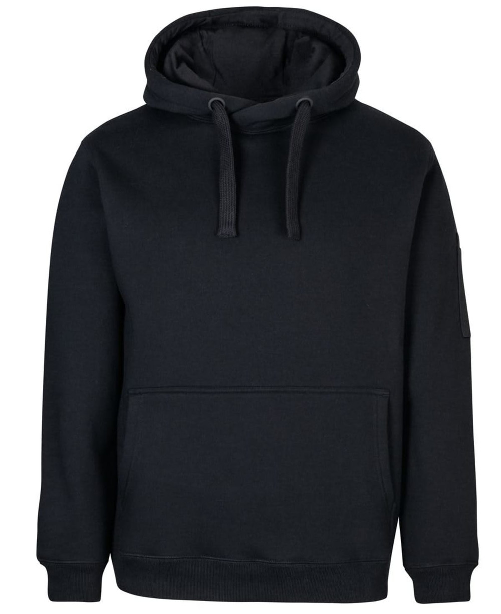 A black work hoodie featuring a front pocket and a hood, with a logo on the sleeve.